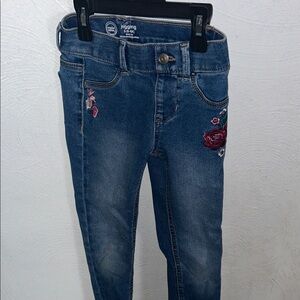 Girls' Dark Blue Embroidered Jeggings - Floral Accent